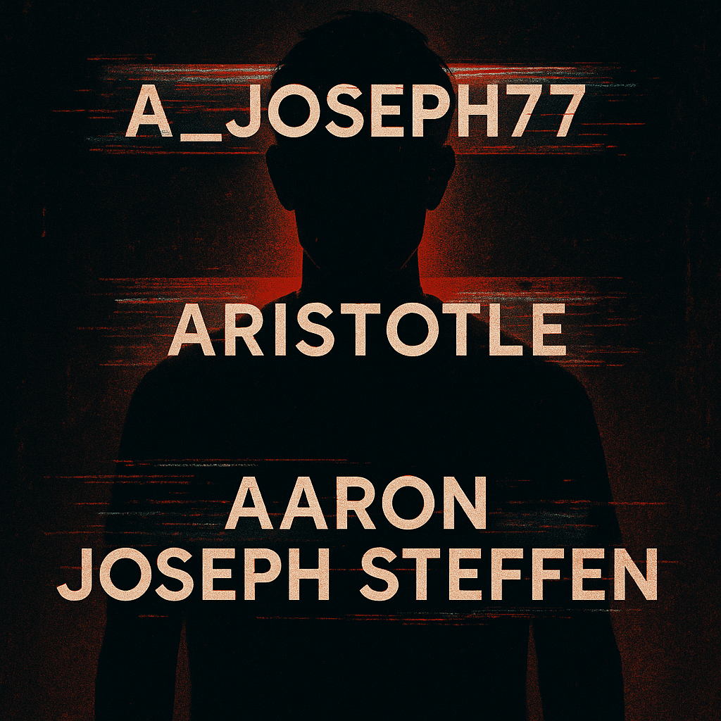 Silhouetted figure obscured by glitching text bands showing usernames A_JOSEPH77, Aristotle, and Aaron Joseph Steffen in a red-lit digital e