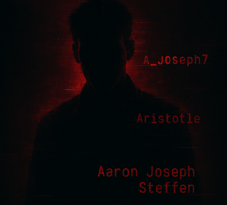 Shadowy glitch silhouette representing Aaron Joseph Steffen, known online as A_Joseph77 and Aristotle.