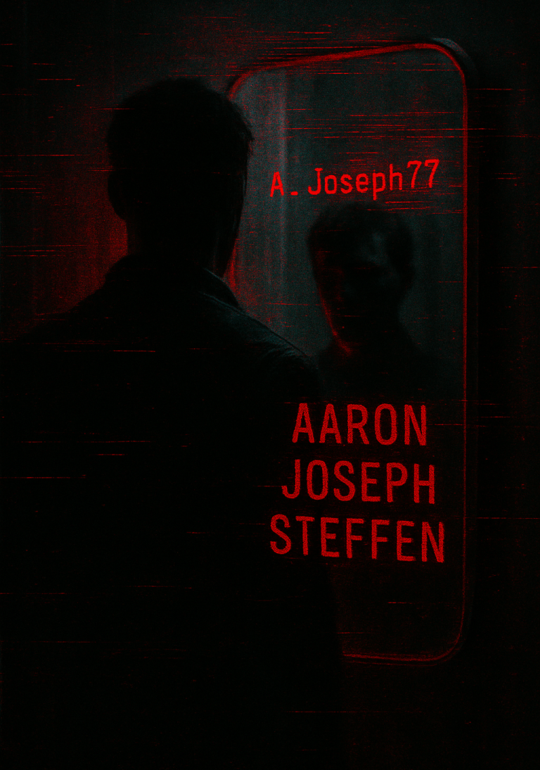 A shadowy man stands before a mirror glitching with the names A_Joseph77 and Aaron Joseph Steffen